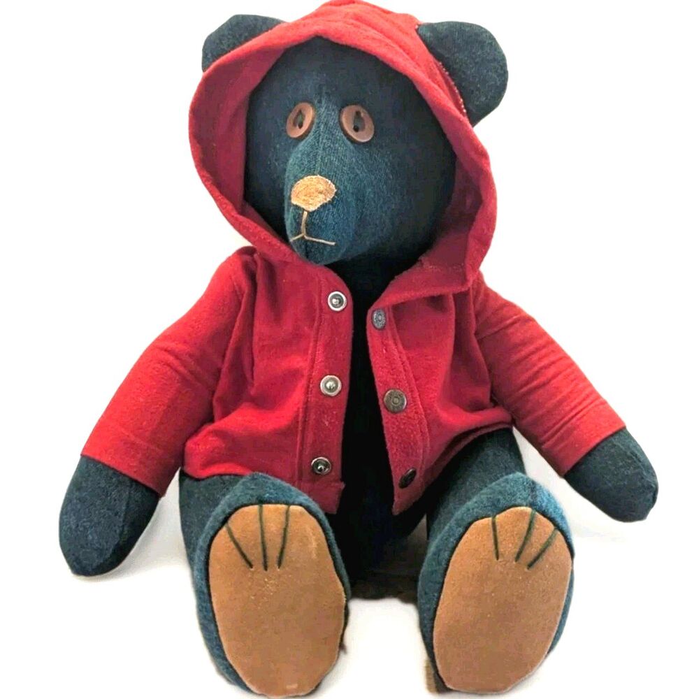 Handcrafted Teddy Bear Red Hooded Jacket Dark Teal Color Button Eyes and Joints
